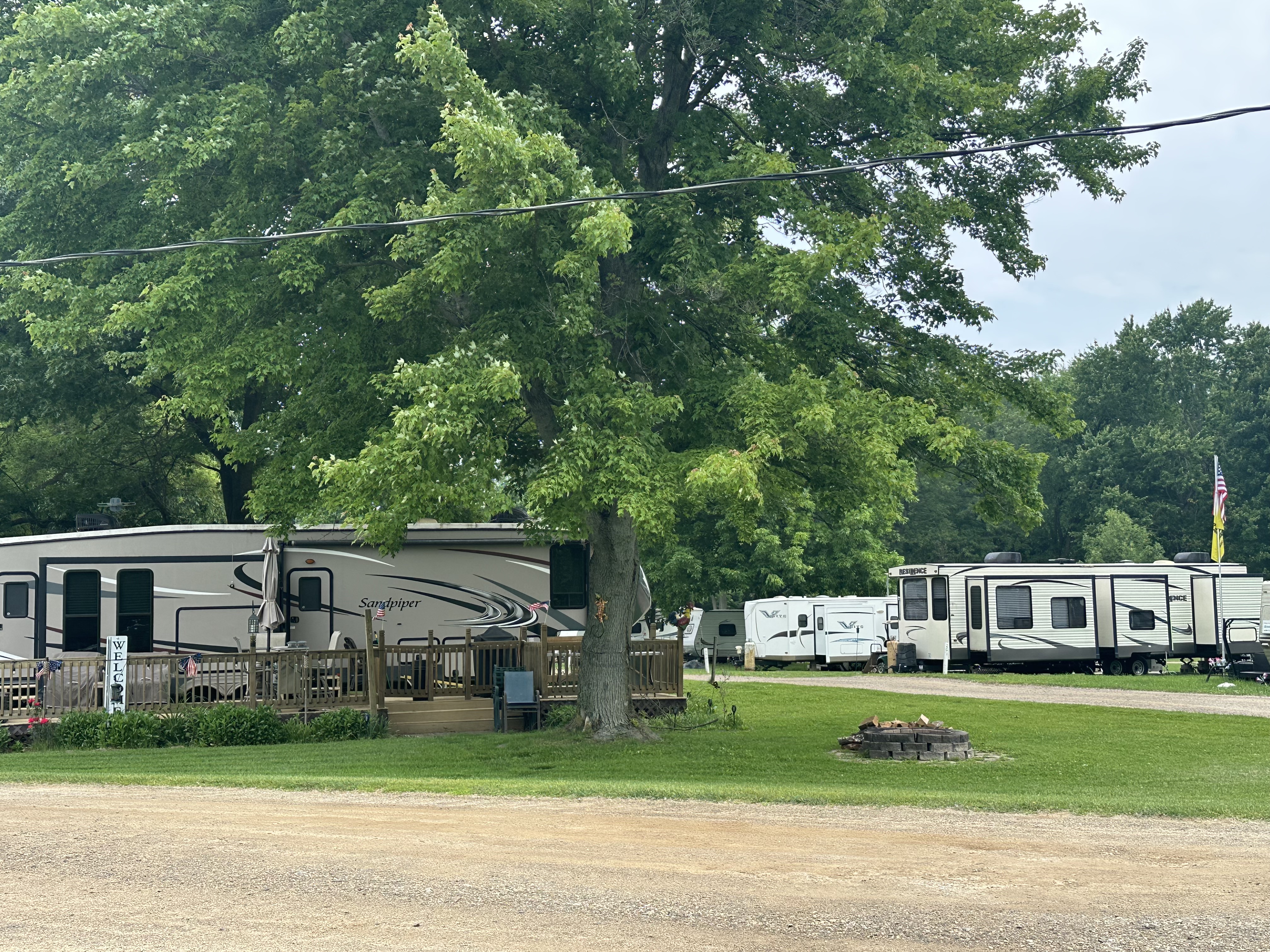 Seasonal site at The Oaks Campground with a firepit, green grass, and large mature tree.