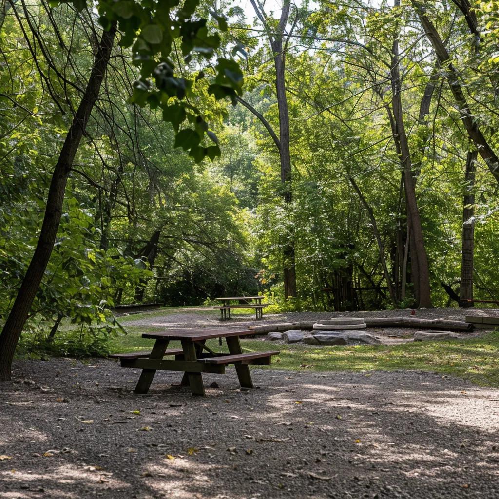 Developed campground amenities including picnic table and fire ring in a forest setting