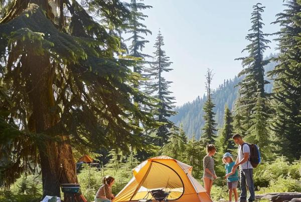 Family setting up a tent in a backcountry campsite, emphasizing adventure and safety