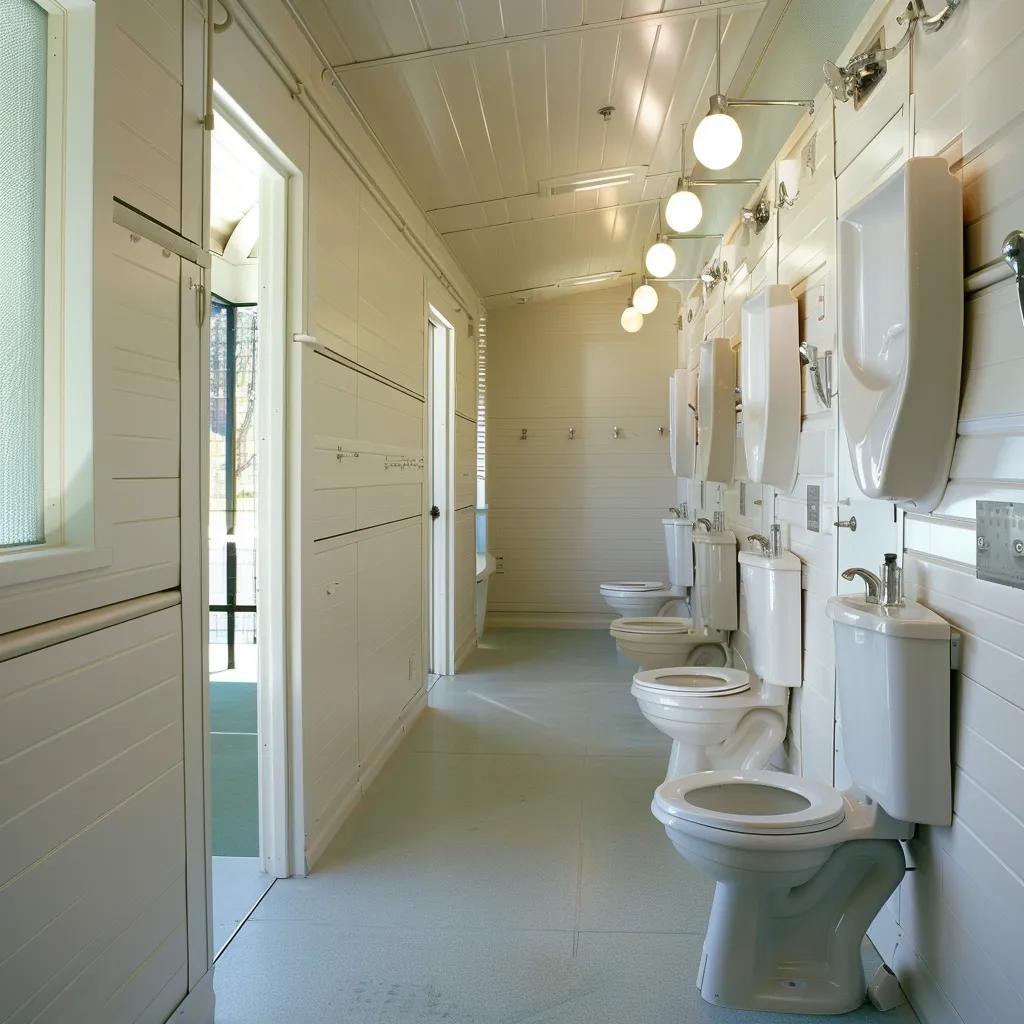 Clean campground restroom facility with flush toilets and handwashing stations