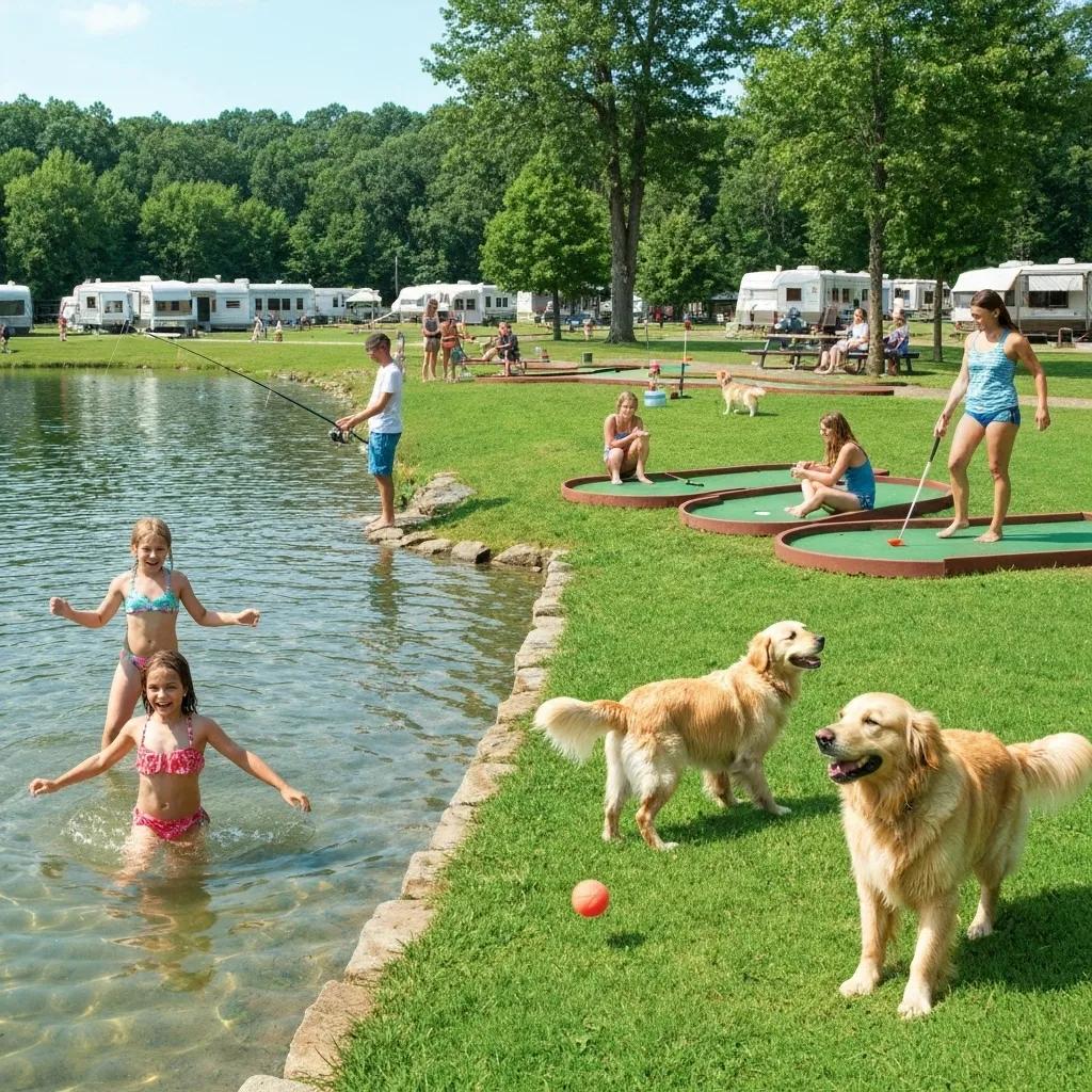 Families engaging in various activities at Ridge Ranch Campground, including swimming, fishing, and playing mini-golf
