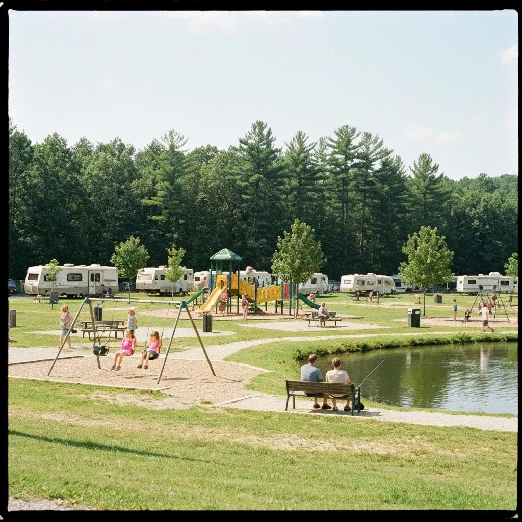 Ridge Ranch Campground showcasing its family-friendly amenities, including a playground and a fishing pond