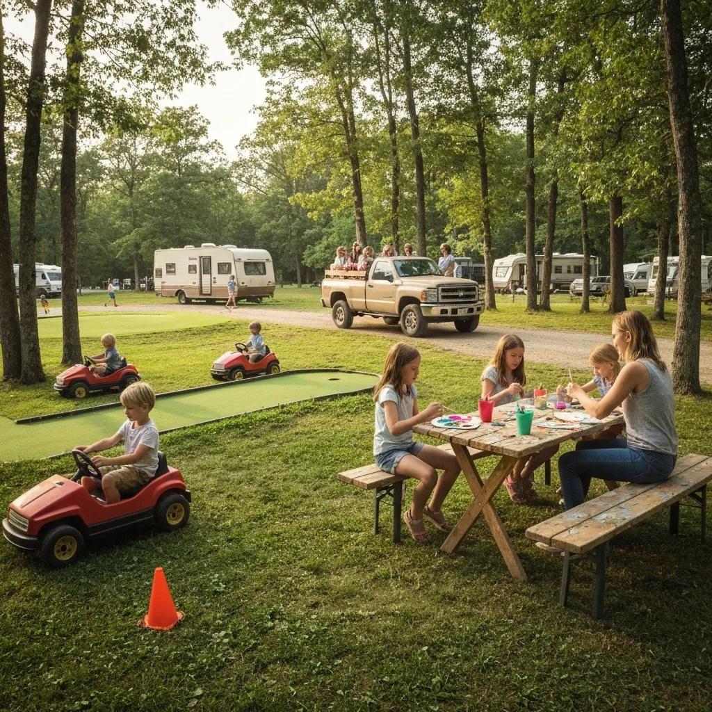 Families participating in fun activities at an Ohio campground, including mini golf and arts and crafts
