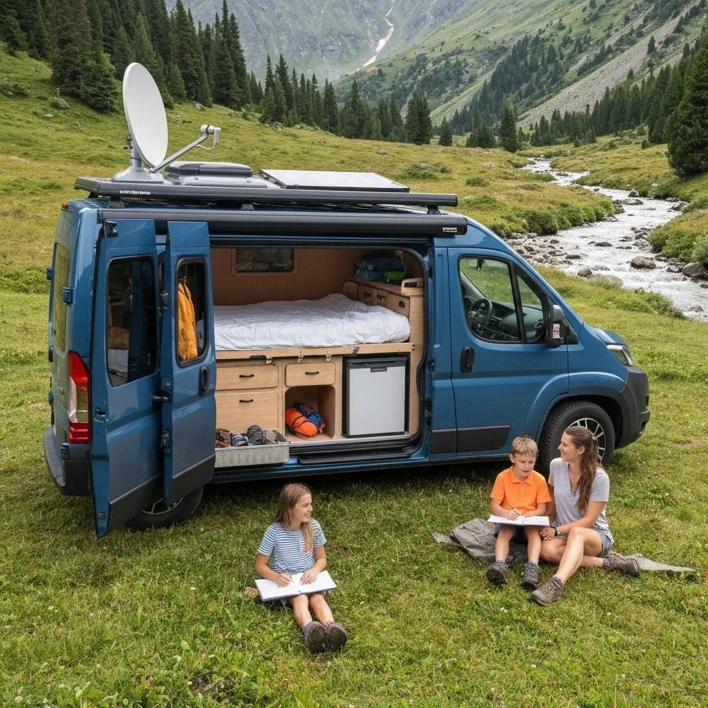 A well-equipped RV campsite featuring full hookups, picnic table, and fire ring in a natural setting