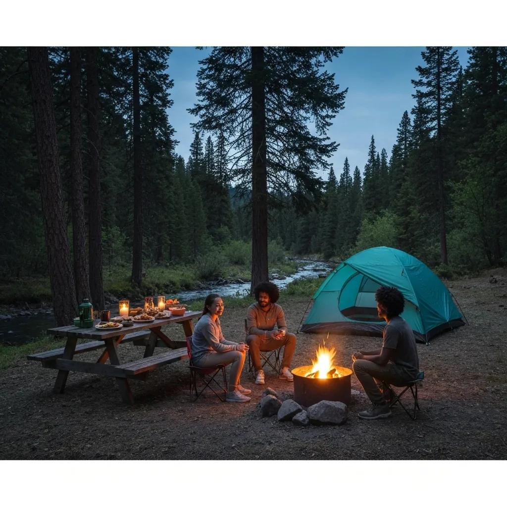 A cozy tent campsite by a lake with a fire ring and picnic table surrounded by trees