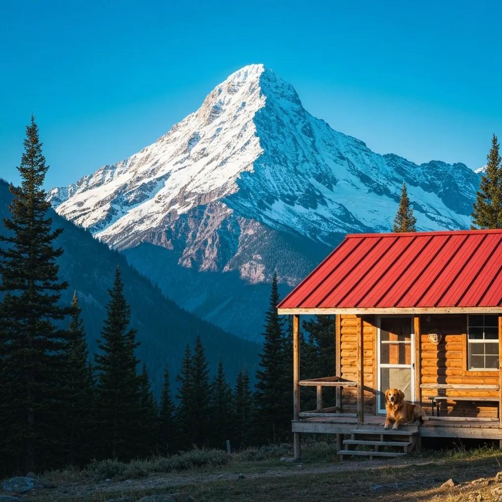 Charming pet-friendly cabin in an Ohio campground, with a dog relaxing on the porch and scenic walking trails visible nearby