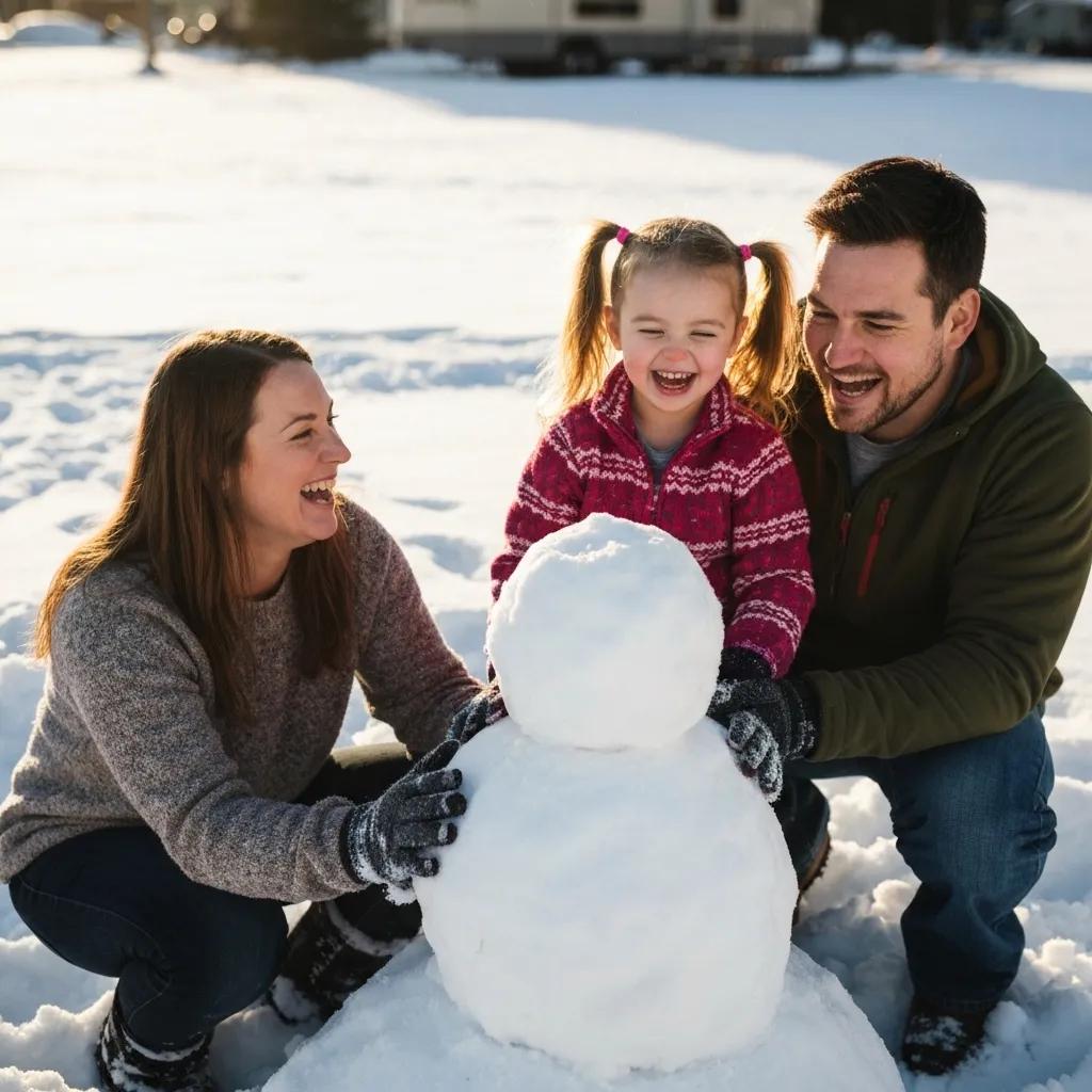 A family enjoying winter activities at Ridge Ranch Campground, building a snowman near a snowy playground