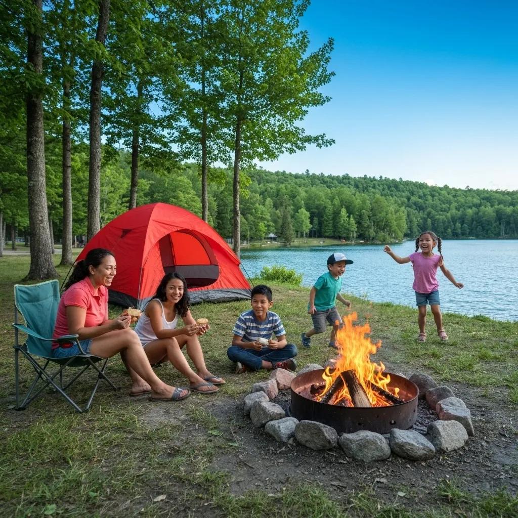 Family camping scene with tent, campfire, and children playing near a lake