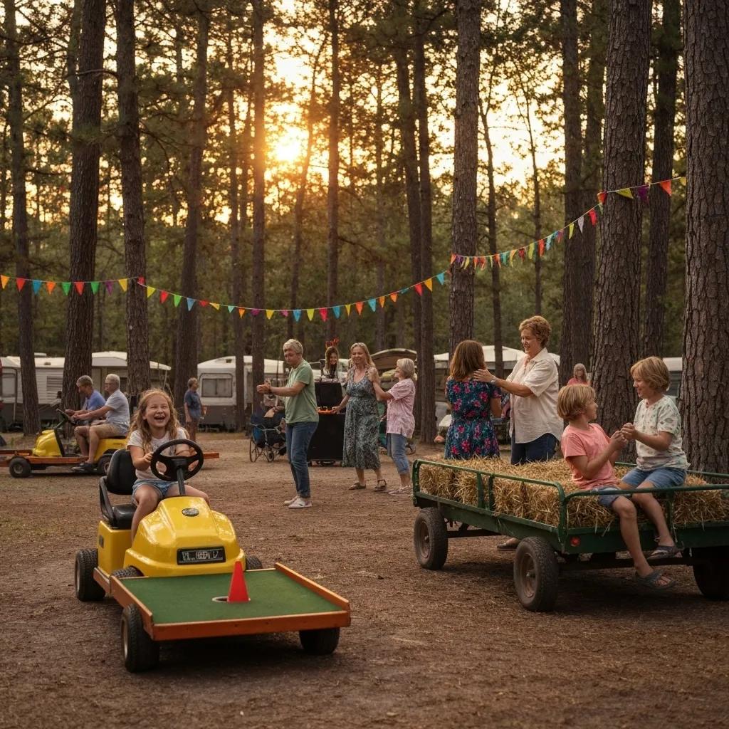 Families engaging in various activities at Ridge Ranch Campground, including mini-golf and hayrides