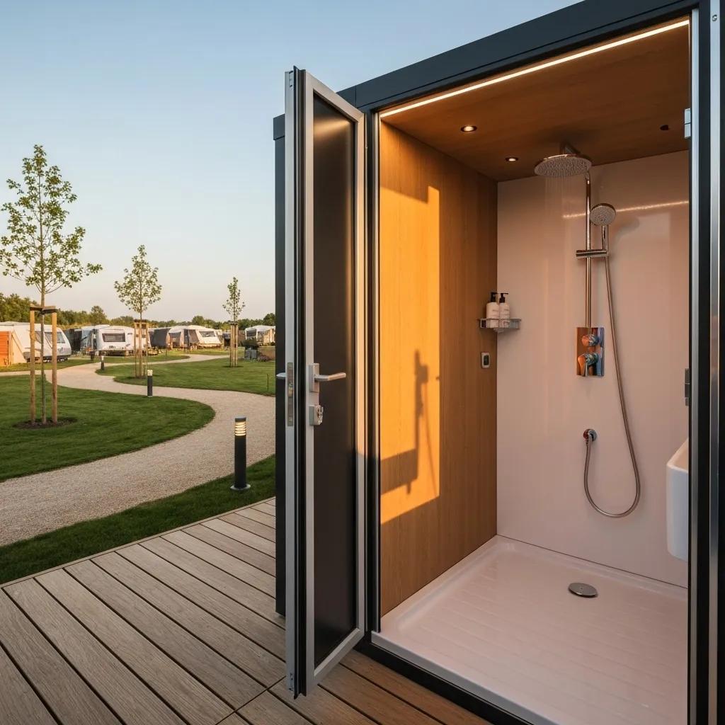 Private bathroom pod with eco-friendly fixtures in a luxurious campground setting