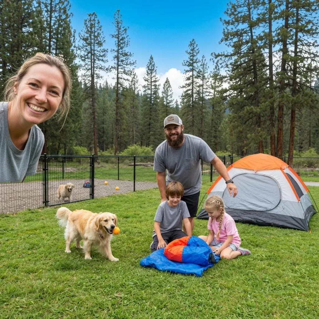 A family happily camping with their dog at a welcoming pet-friendly campground