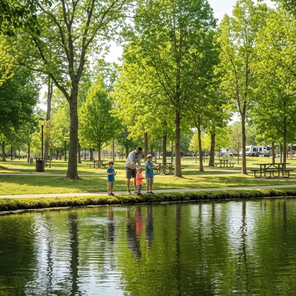 A family enjoying a relaxing fishing session at a well-stocked pond within a beautiful RV park