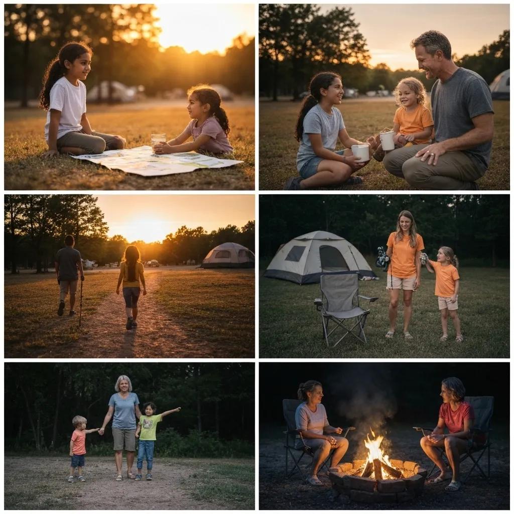 Families enjoying outdoor activities like hiking and campfire storytelling at a campground