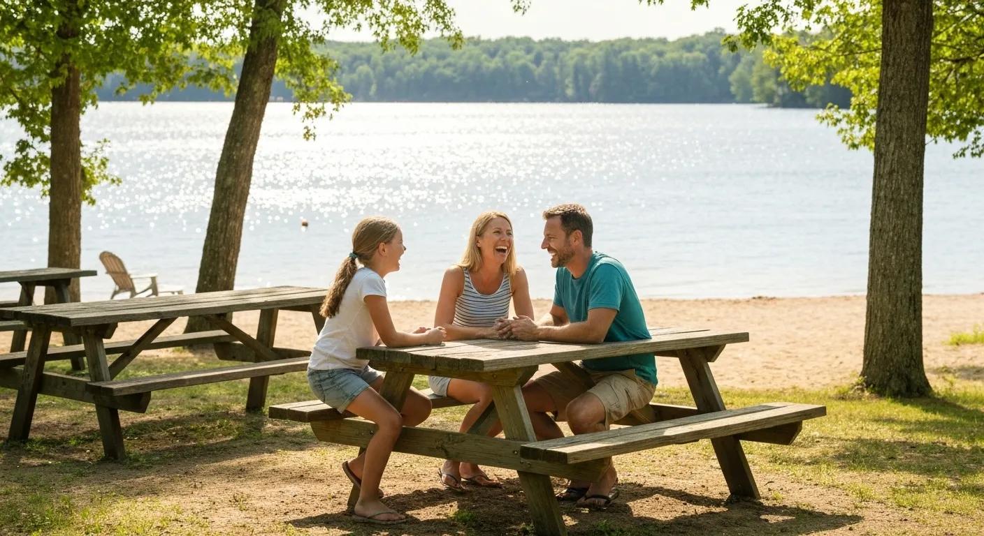 A happy family enjoying a sunny day at a Michigan campground, with a sparkling lake and lush trees in the background.