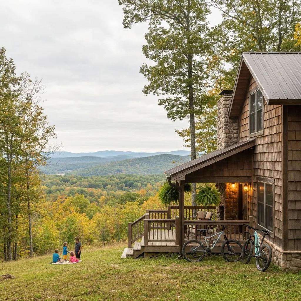A cozy cabin at Ridge Ranch Campground with children playing nearby amidst natural surroundings