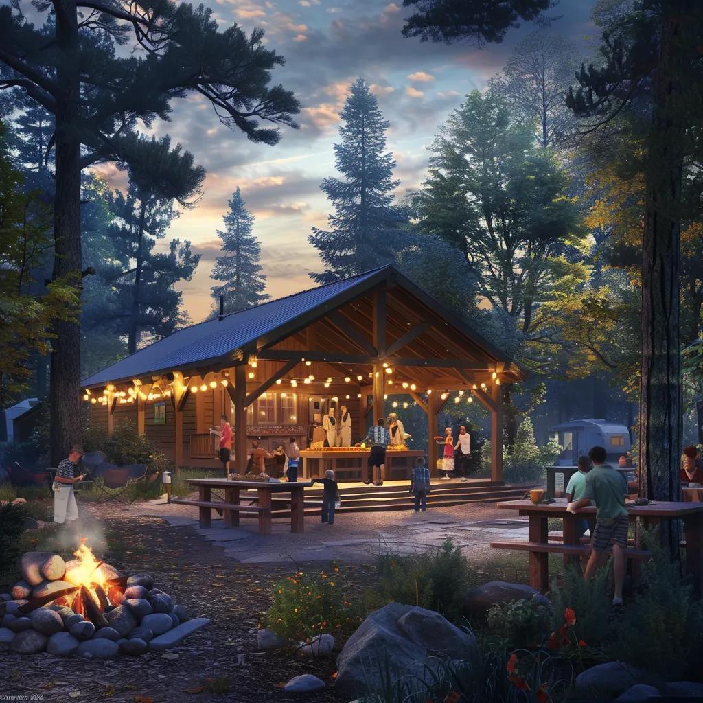 Modern amenities at a rustic campground, including a heated bathhouse and community pavilion