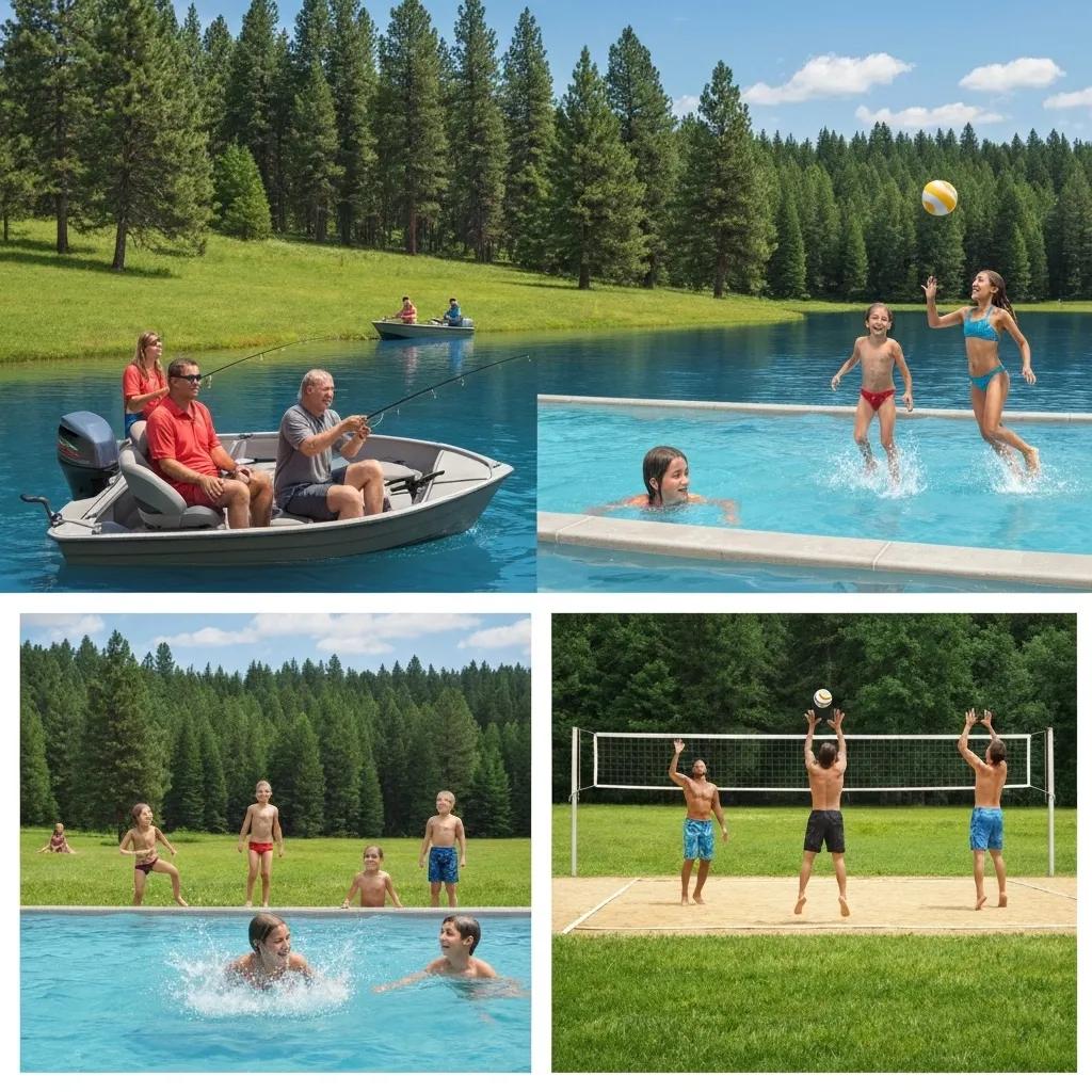 Families actively participating in outdoor activities at Ridge Ranch Campground, such as fishing and swimming in the lake.
