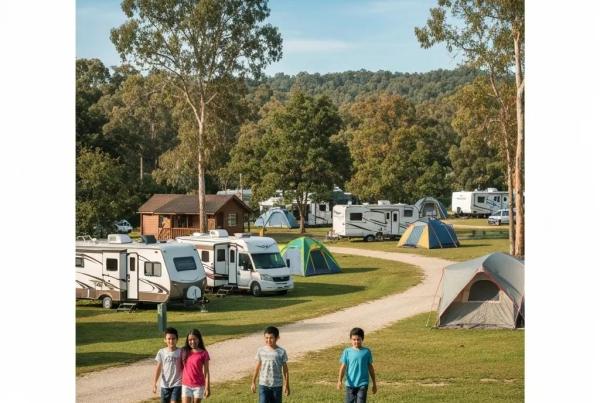 Scenic campground with RVs, tents, and cabins surrounded by nature