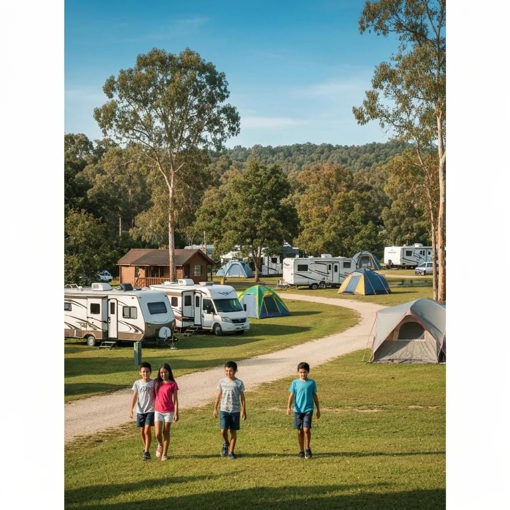 Scenic campground with RVs, tents, and cabins surrounded by nature