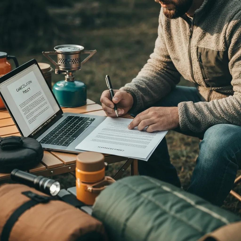 A person carefully reviewing a campground's cancellation policy, with camping gear nearby.