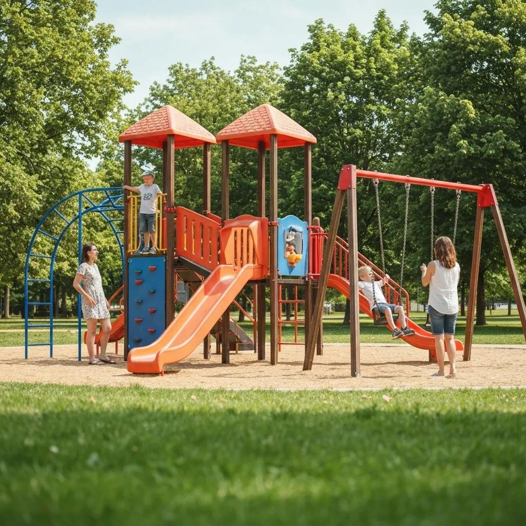 Children gleefully playing on a playground at a family-friendly RV park
