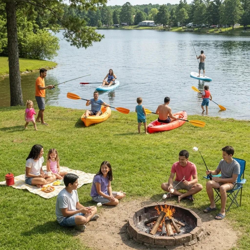 Families actively engaged in various lake activities such as kayaking and fishing at a scenic campground