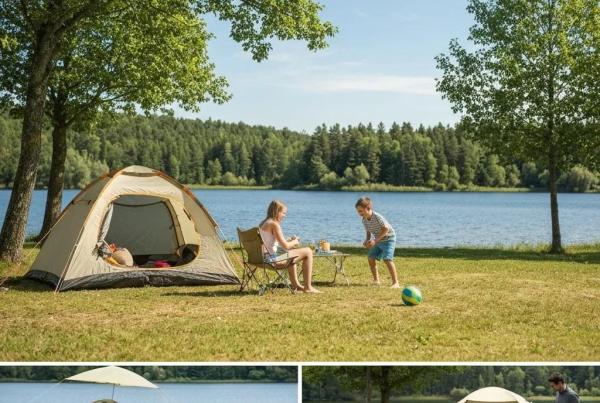 Family camping by a lakeside with a tent, children playing, and a serene natural backdrop