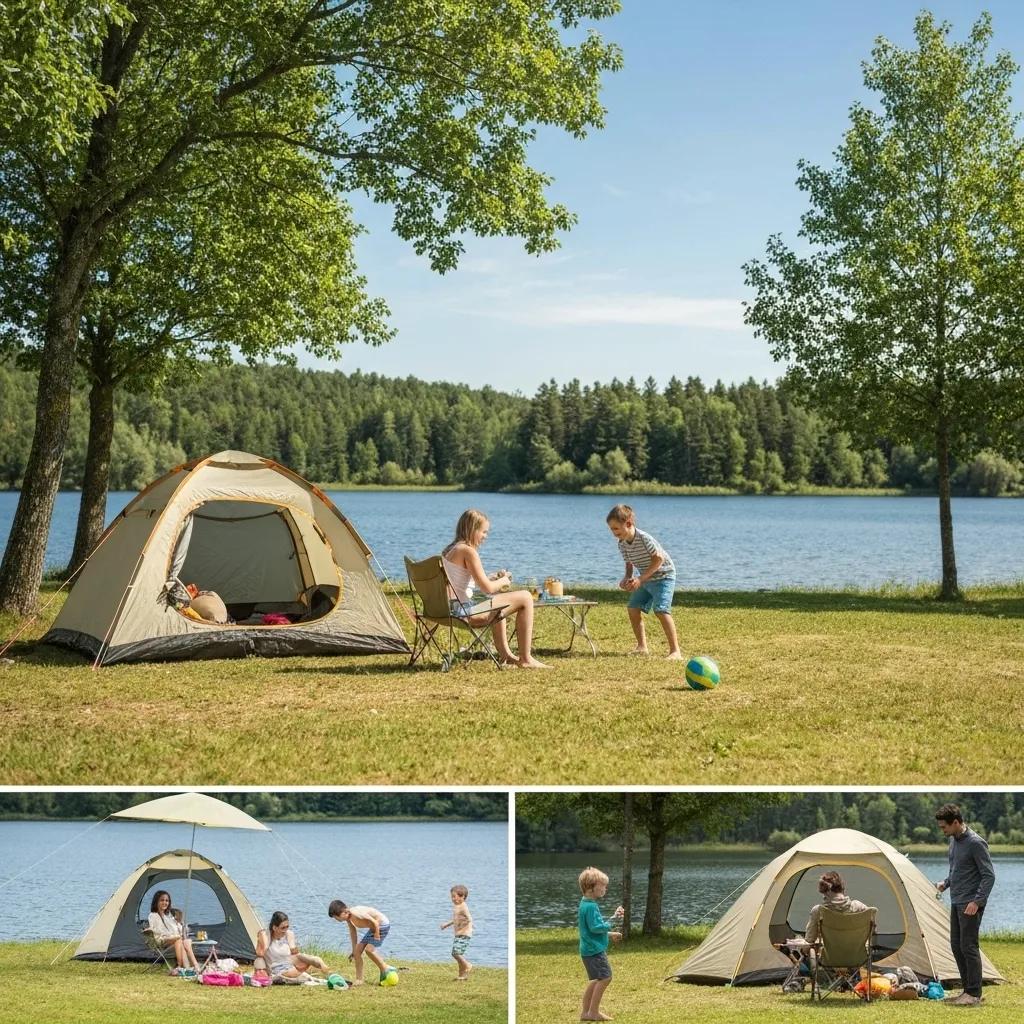 Family camping by a lakeside with a tent, children playing, and a serene natural backdrop