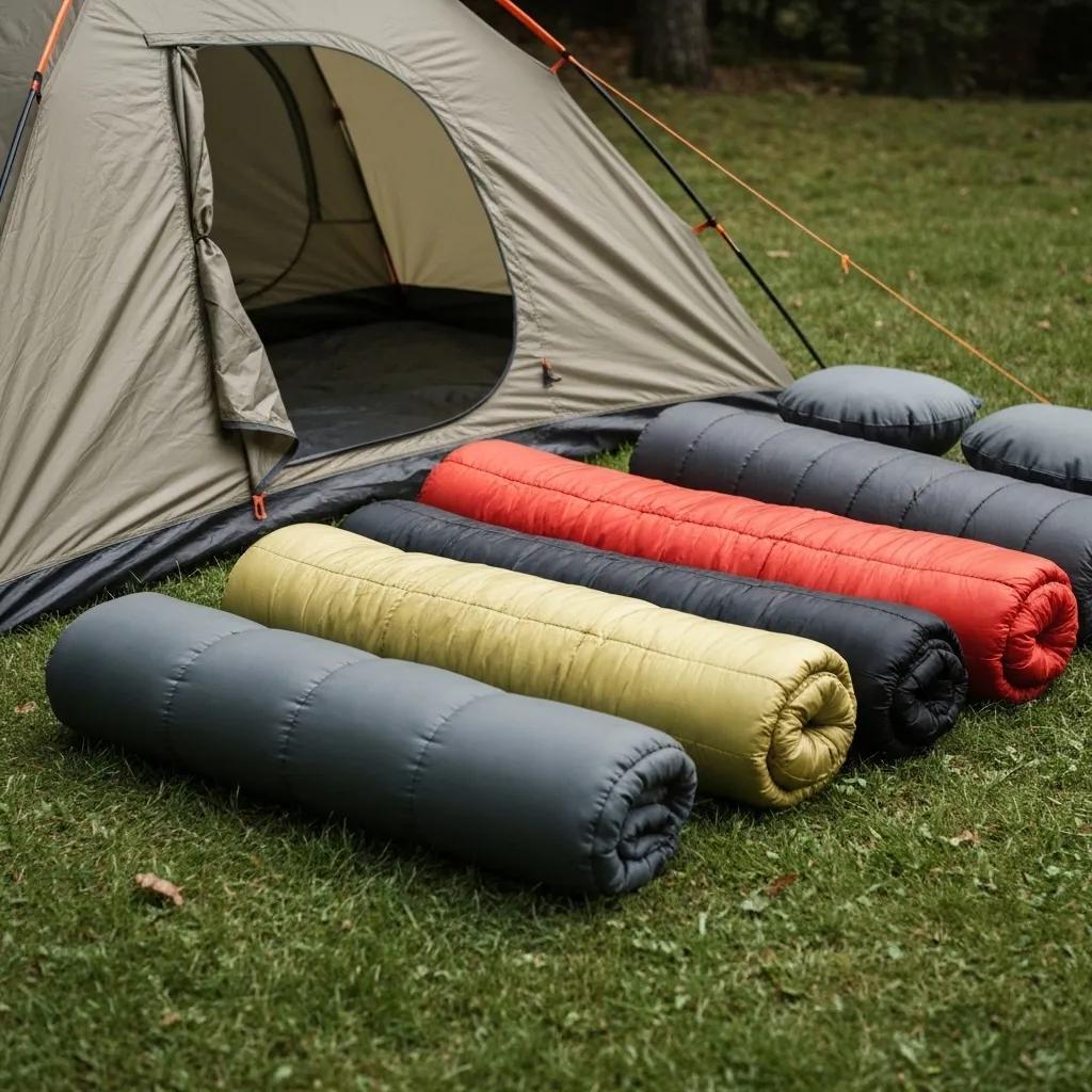 Essential camping gear including a tent, sleeping bags, and pillows for Ohio camping