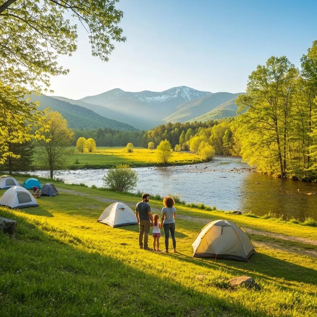 Scenic campground in Virginia with family setting up a tent by the river