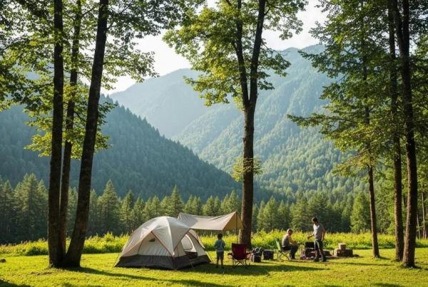 Family camping in a national park with a tent and scenic mountain backdrop