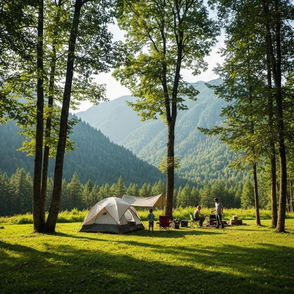 Family camping in a national park with a tent and scenic mountain backdrop