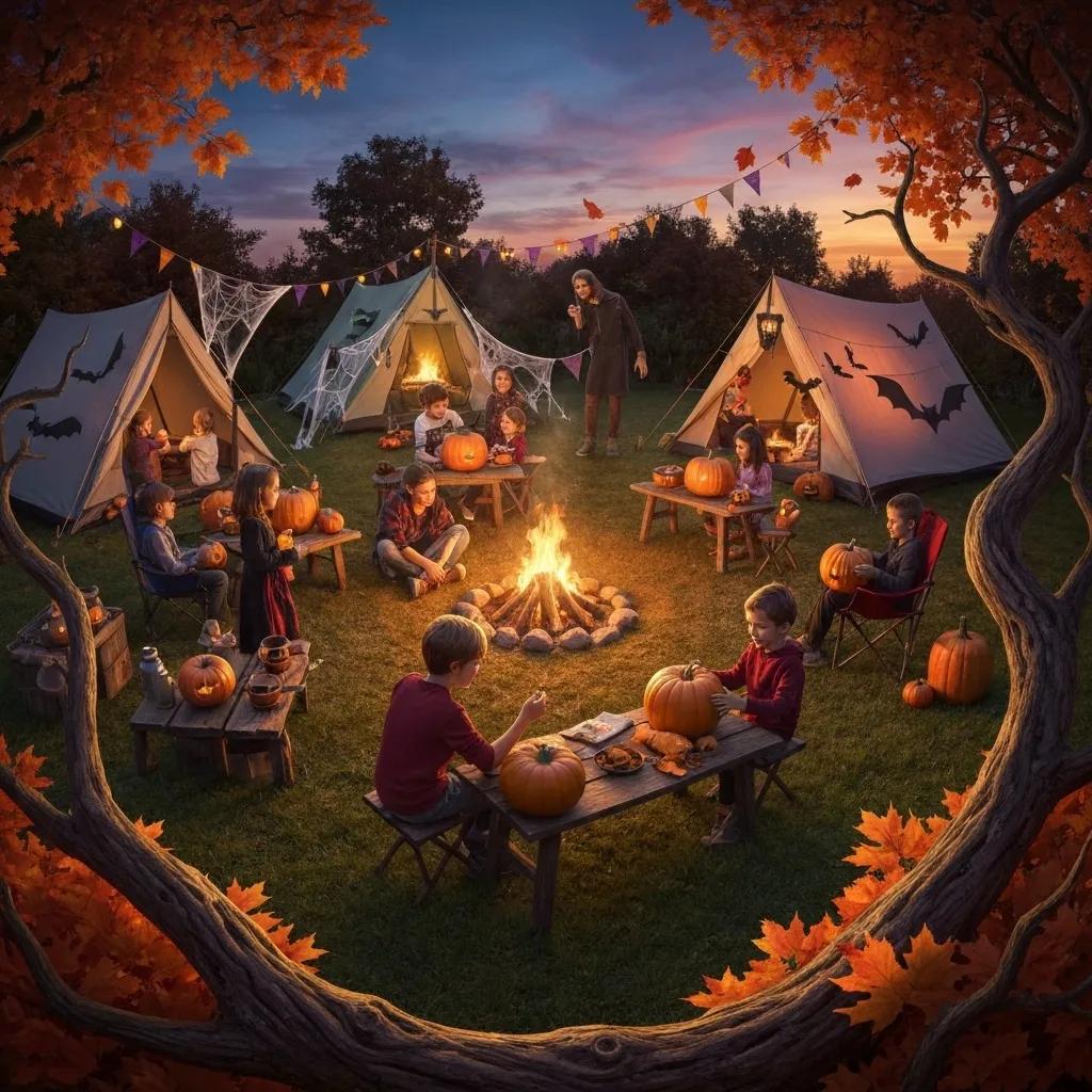Children and adults dressed in creative costumes participate in a fun Halloween-themed camping event, complete with pumpkin carving activities.