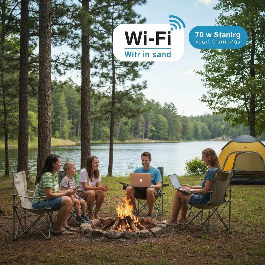 Family enjoying camping with Wi-Fi, surrounded by nature and a campfire