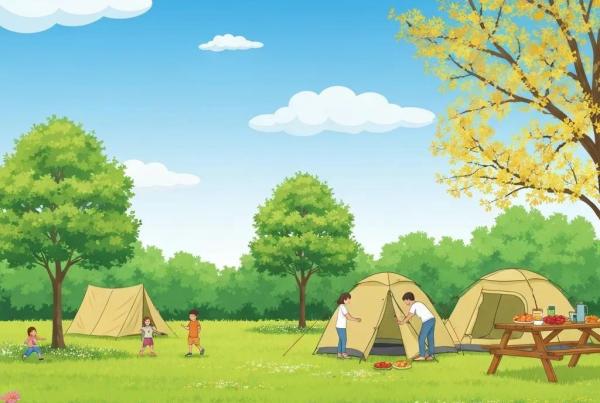 Family enjoying spring camping at a lush campground with blooming flowers and a clear sky
