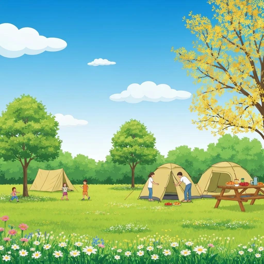 Family enjoying spring camping at a lush campground with blooming flowers and a clear sky