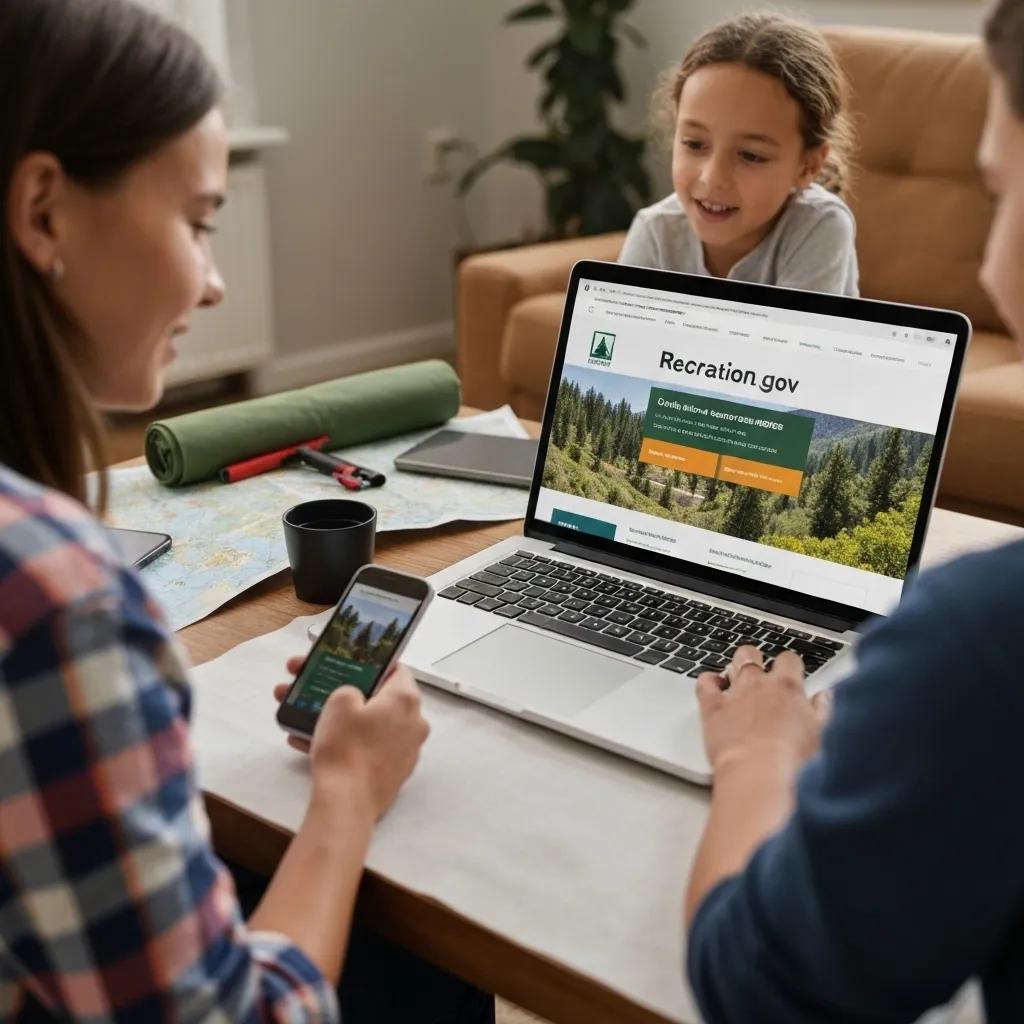 A family successfully booking a national park campsite using a laptop and smartphone