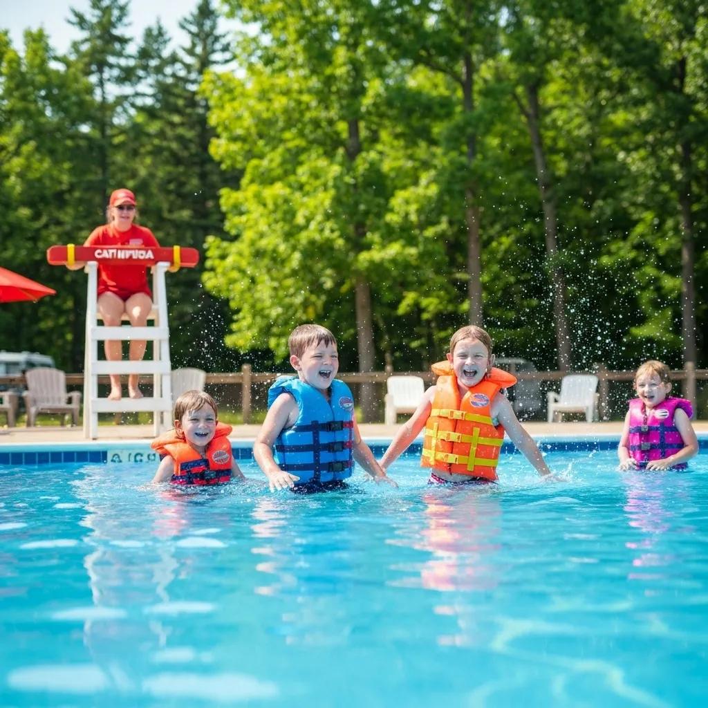 Children enjoying a safe swimming area at a campground pool with lifeguard supervision