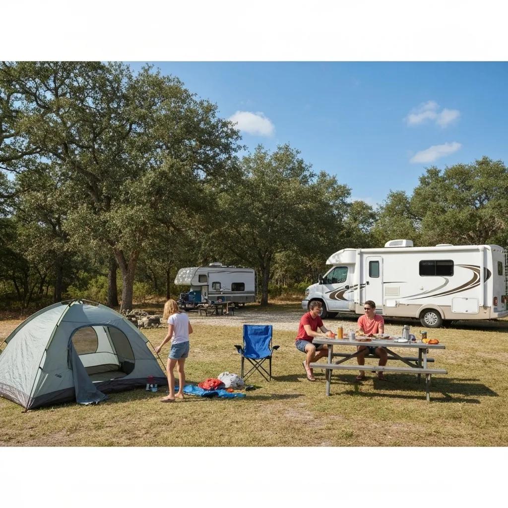 Family camping at a campground with a tent and RV in a scenic outdoor setting