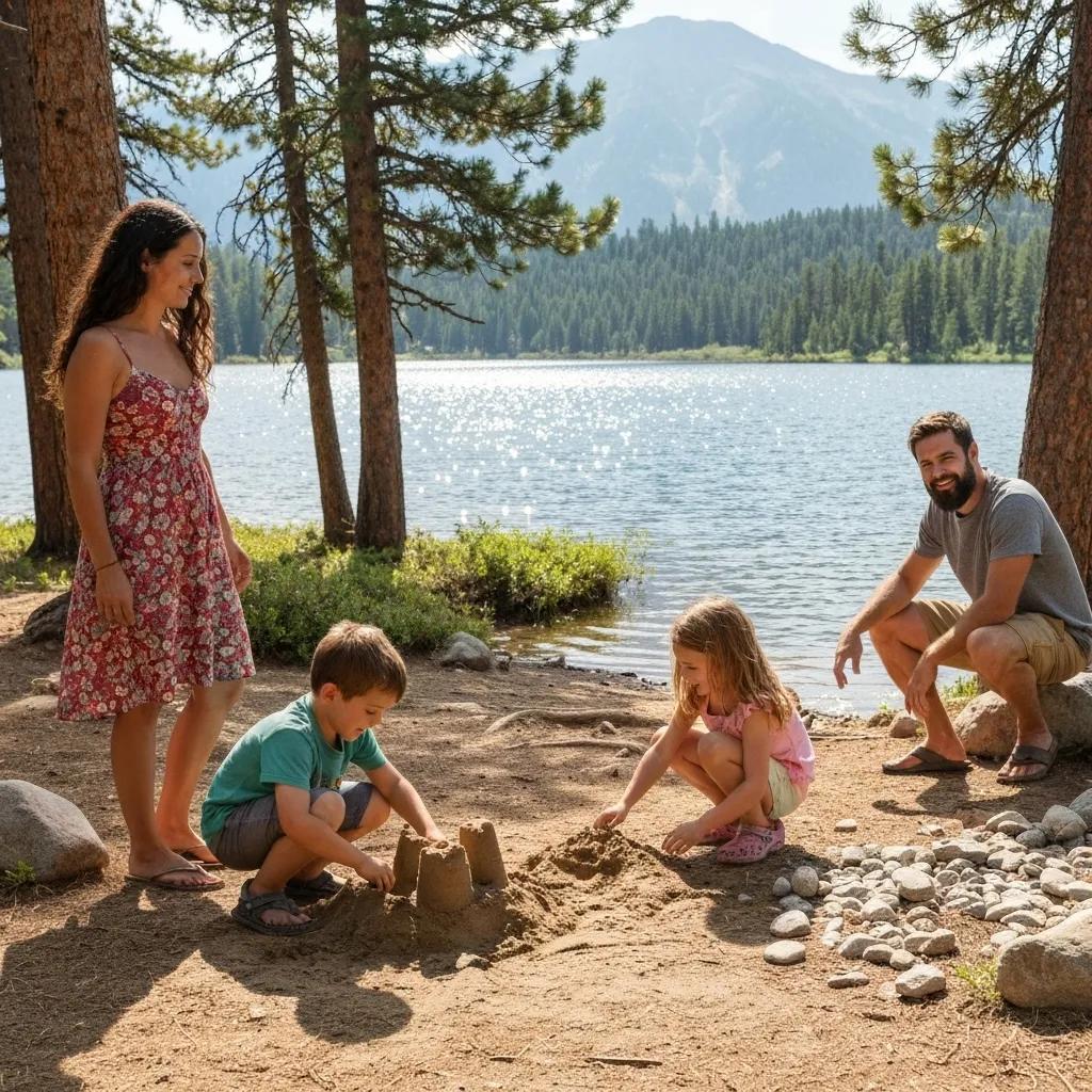A family joyfully engaging in camping activities within a national park, emphasizing family-friendly amenities and the surrounding natural beauty