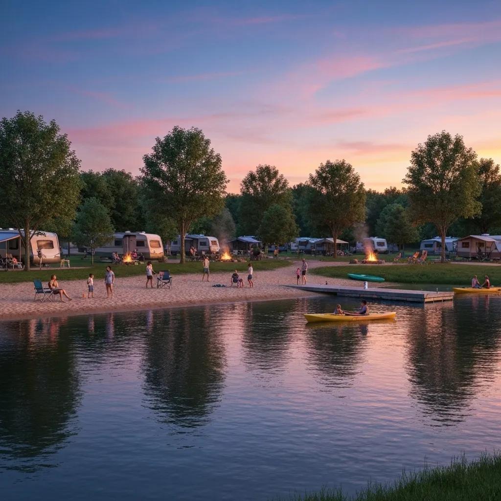 Families enjoying swimming and fishing at a beautiful lakeside campground