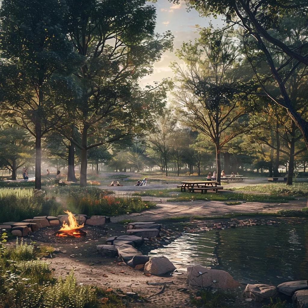 Rustic family campground with communal fire pit and nature trails