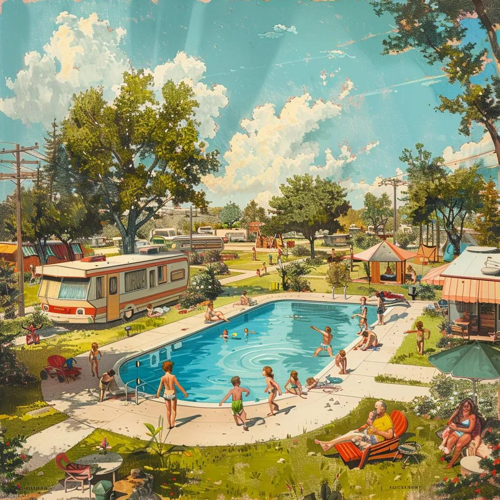 Family enjoying amenities at a modern campground with a swimming pool and playground