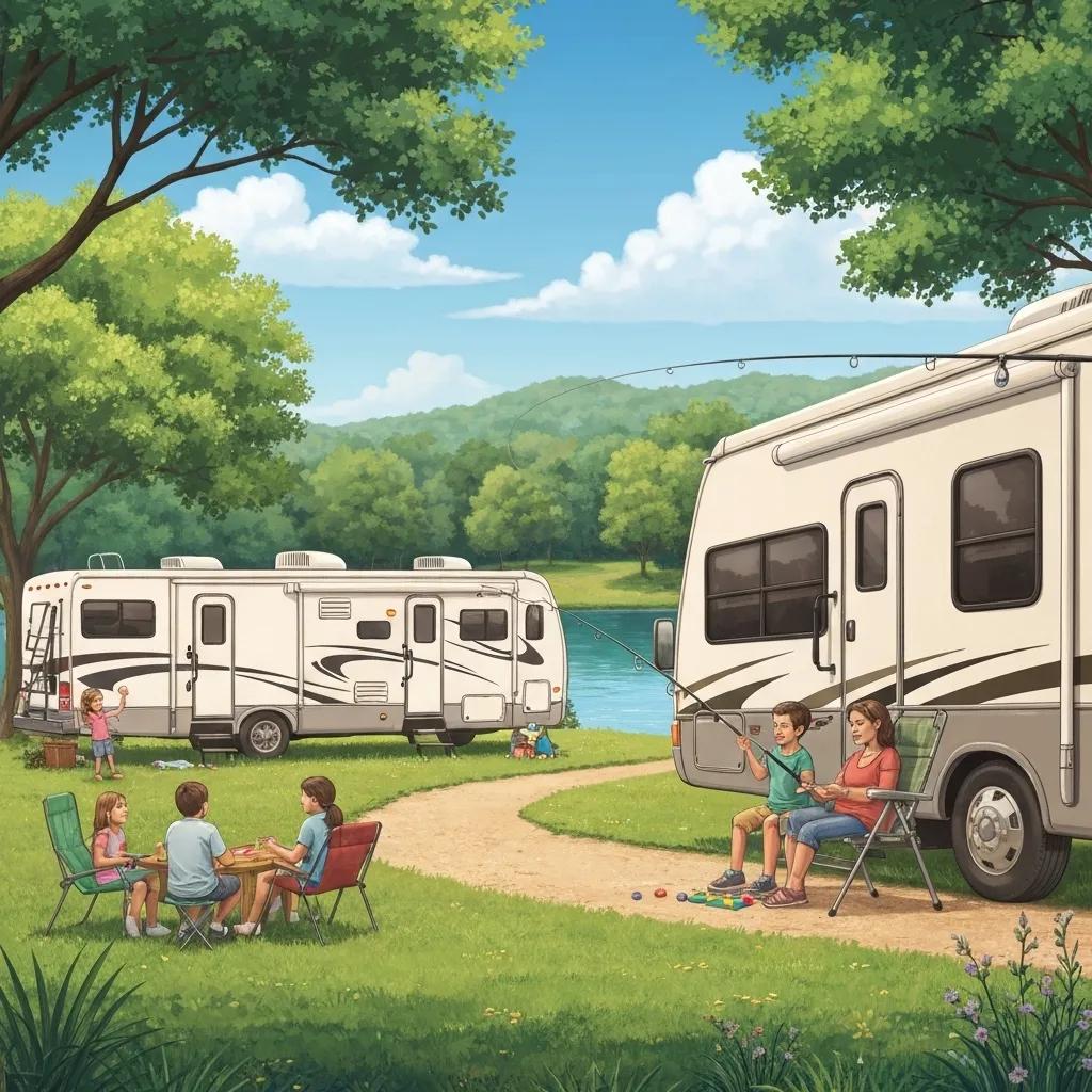 Family enjoying seasonal camping in Ohio with an RV by a lake