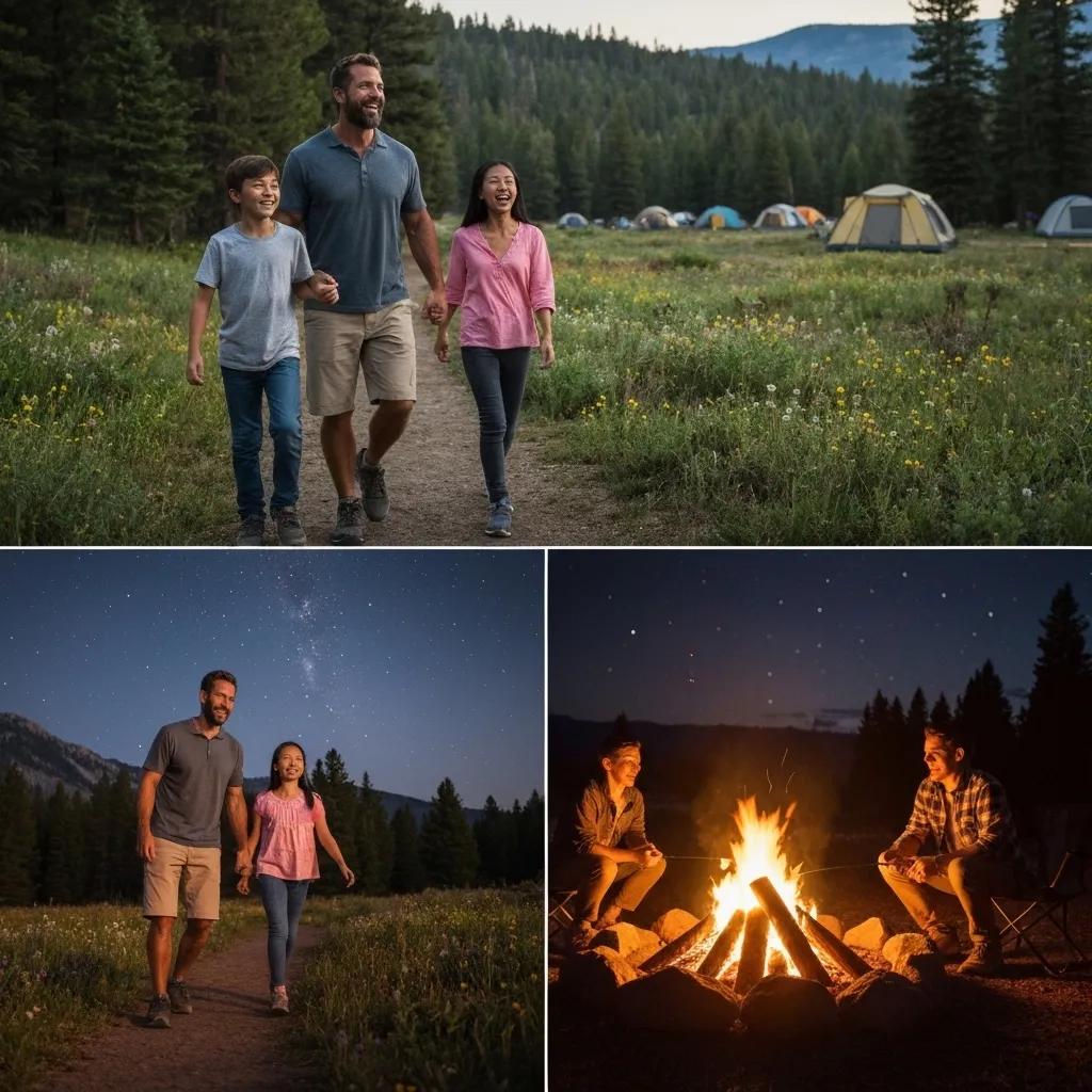 A family shares laughter and stories around a crackling campfire at a national park campground, with hiking trails visible in the background
