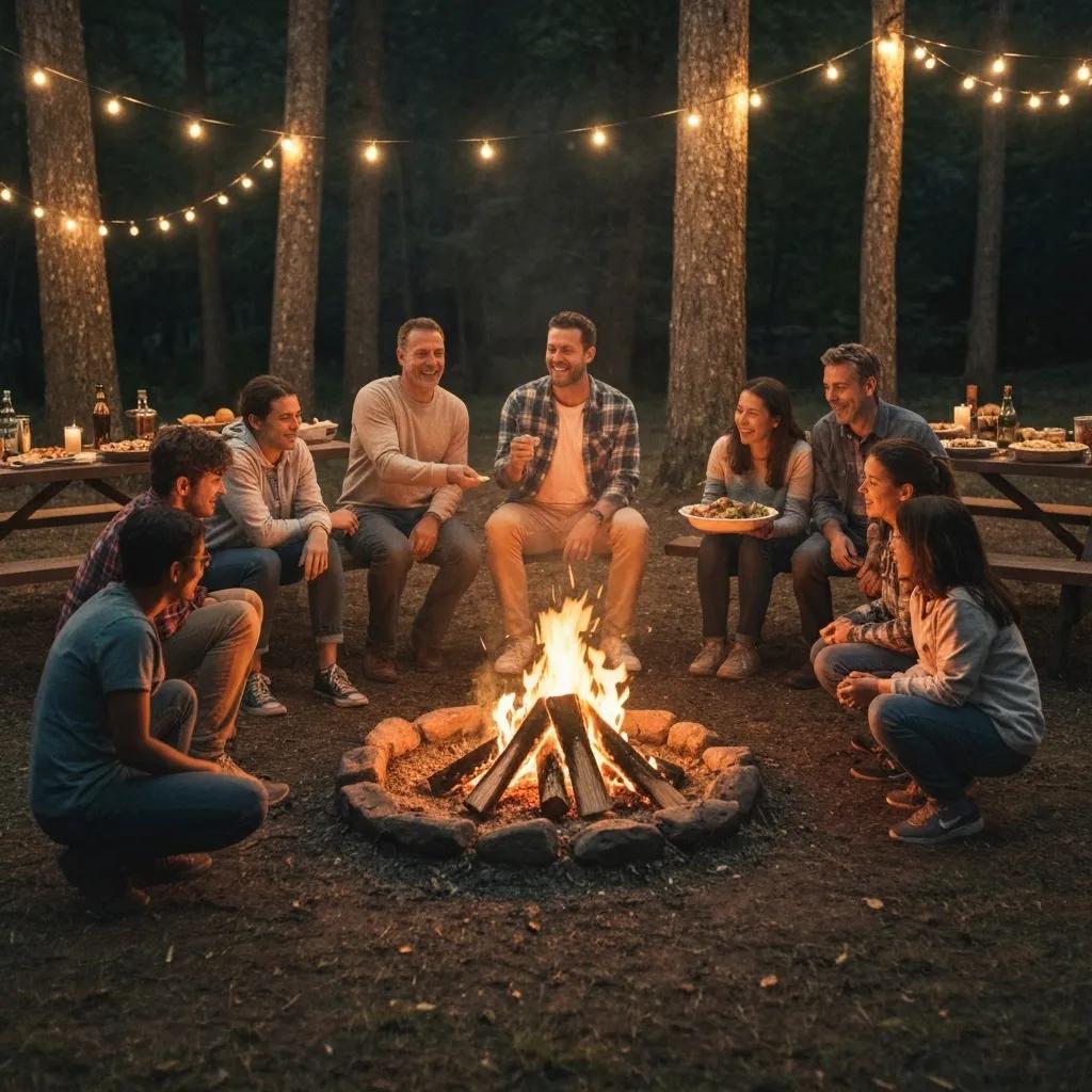 Families gathered around a campfire at a seasonal campground, sharing stories and enjoying a communal meal