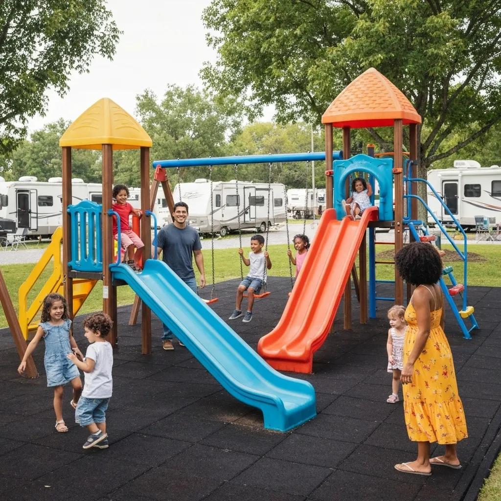Children having a blast on an adventure playground at a scenic family-friendly RV park