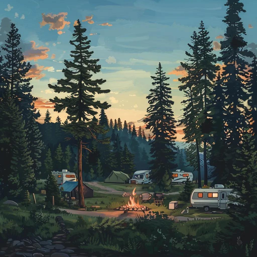 Rustic campground with RVs and tents surrounded by pine trees and a campfire