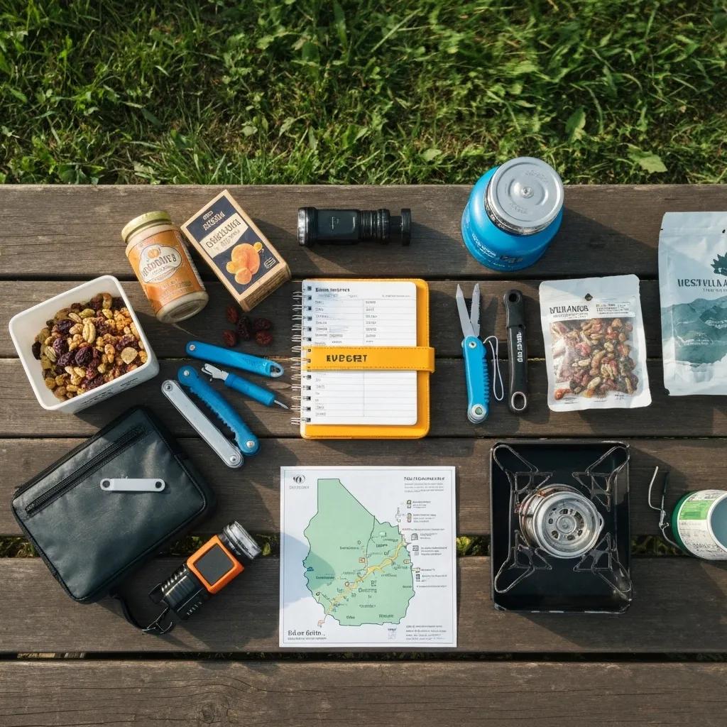 A flat lay of camping essentials and a budget planner arranged on a picnic table, emphasizing preparation for a camping trip