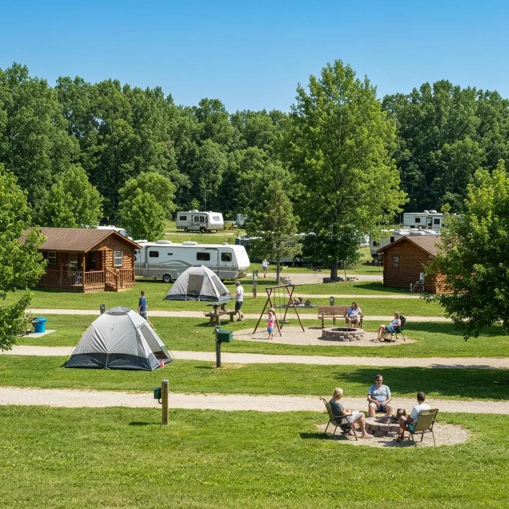 Family-friendly campground off I-80 with tents, RVs, and cabins in a lush green setting